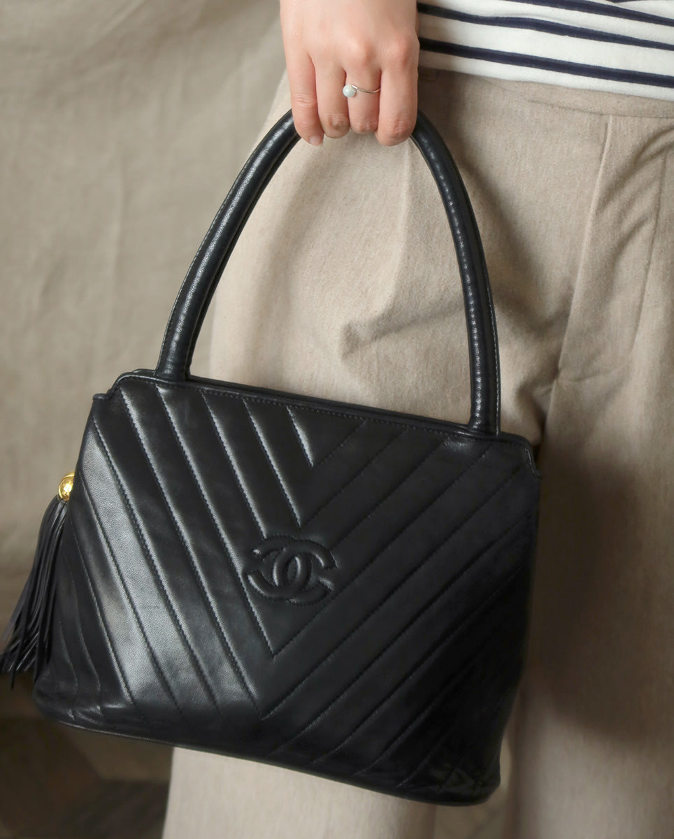 Vintage Chanel Black Lambskin V stitch Coco mark Top Handle Kelly Bag