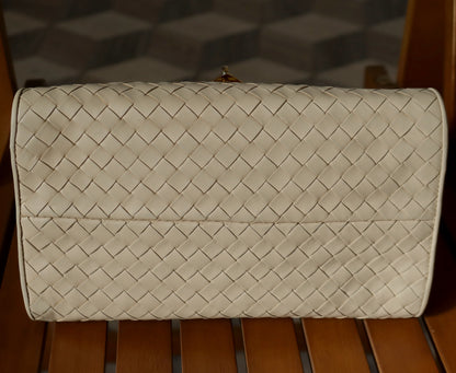 Rare Bottega Veneta Vintage Ivory Intrecciato Weave Leather Classic Bag