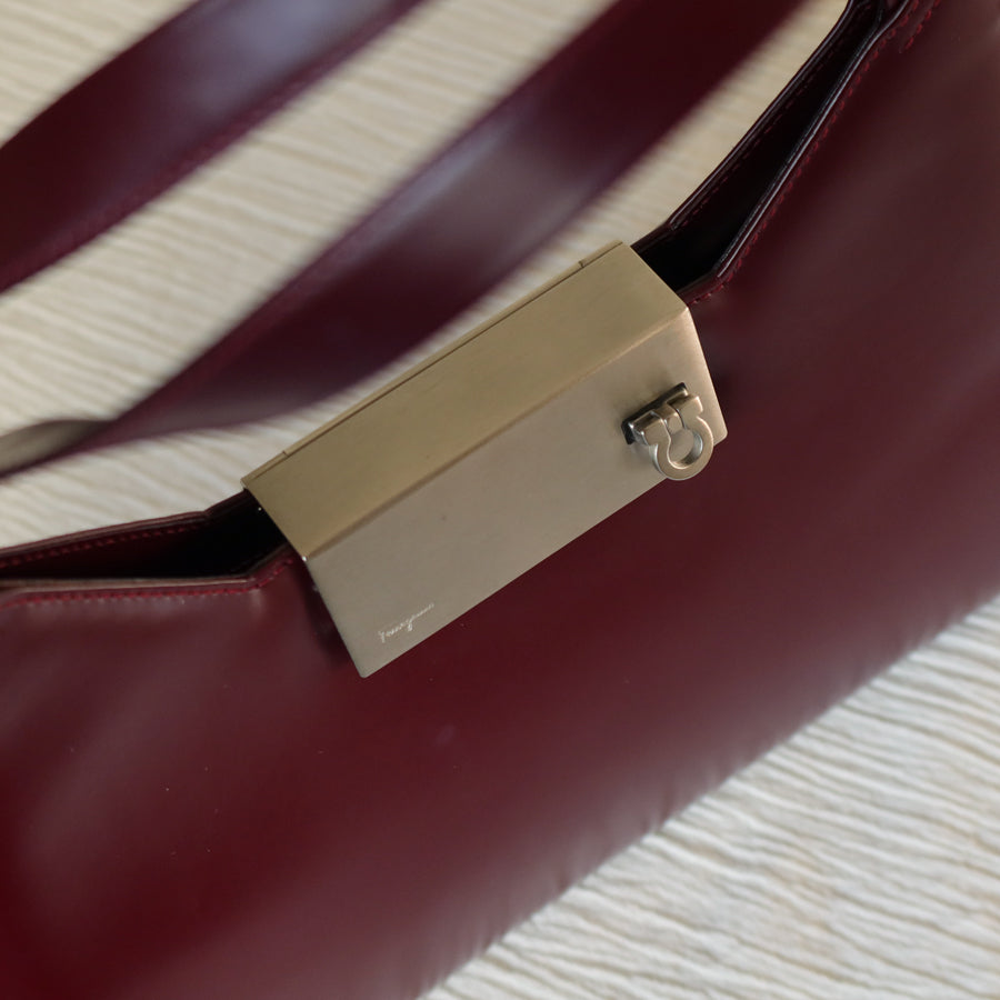 Salvatore Ferragamo Vintage Burgundy Leather Gancini Flap Shoulder Bag