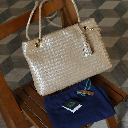 Rare Bottega Veneta Vintage Shimmer Ivory Pearl Intrecciato Braided Strap Shoulder Bag