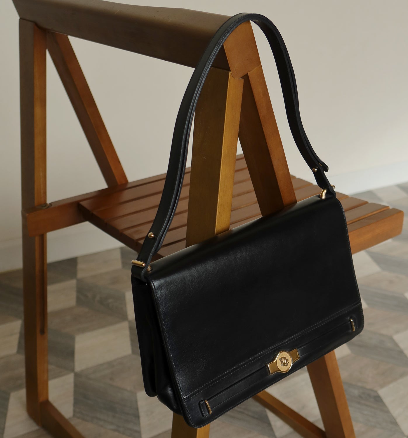 Christian Dior Vintage Black Leather Box Shoulder Bag