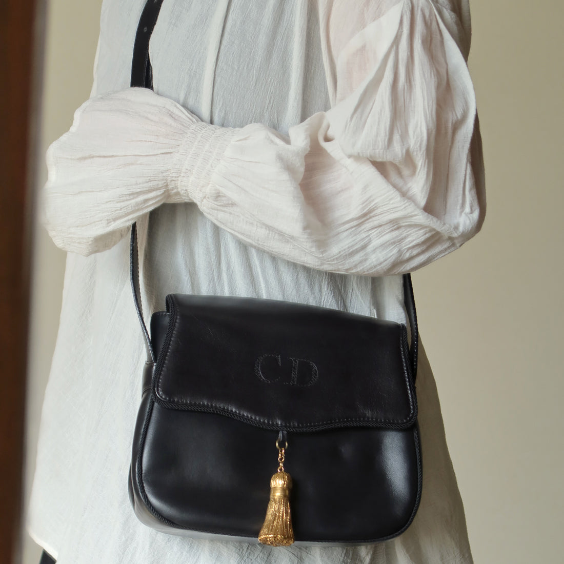 Christian Dior Vintage Gold Fringe Charm Leather Crossbody Sling Bag