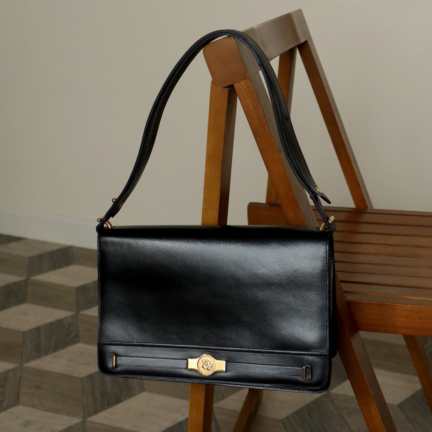 Christian Dior Vintage Black Leather Box Shoulder Bag