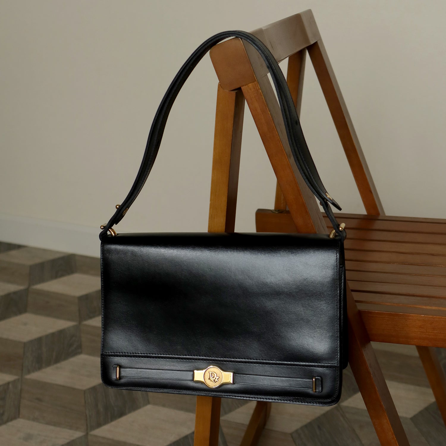 Christian Dior Vintage Black Leather Box Shoulder Bag