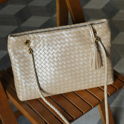 Rare Bottega Veneta Vintage Shimmer Ivory Pearl Intrecciato Braided Strap Shoulder Bag