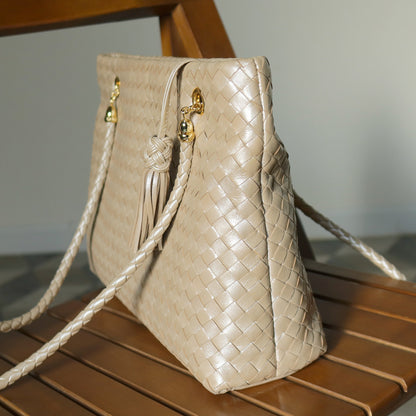 Rare Bottega Veneta Vintage Shimmer Ivory Pearl Intrecciato Braided Strap Shoulder Bag