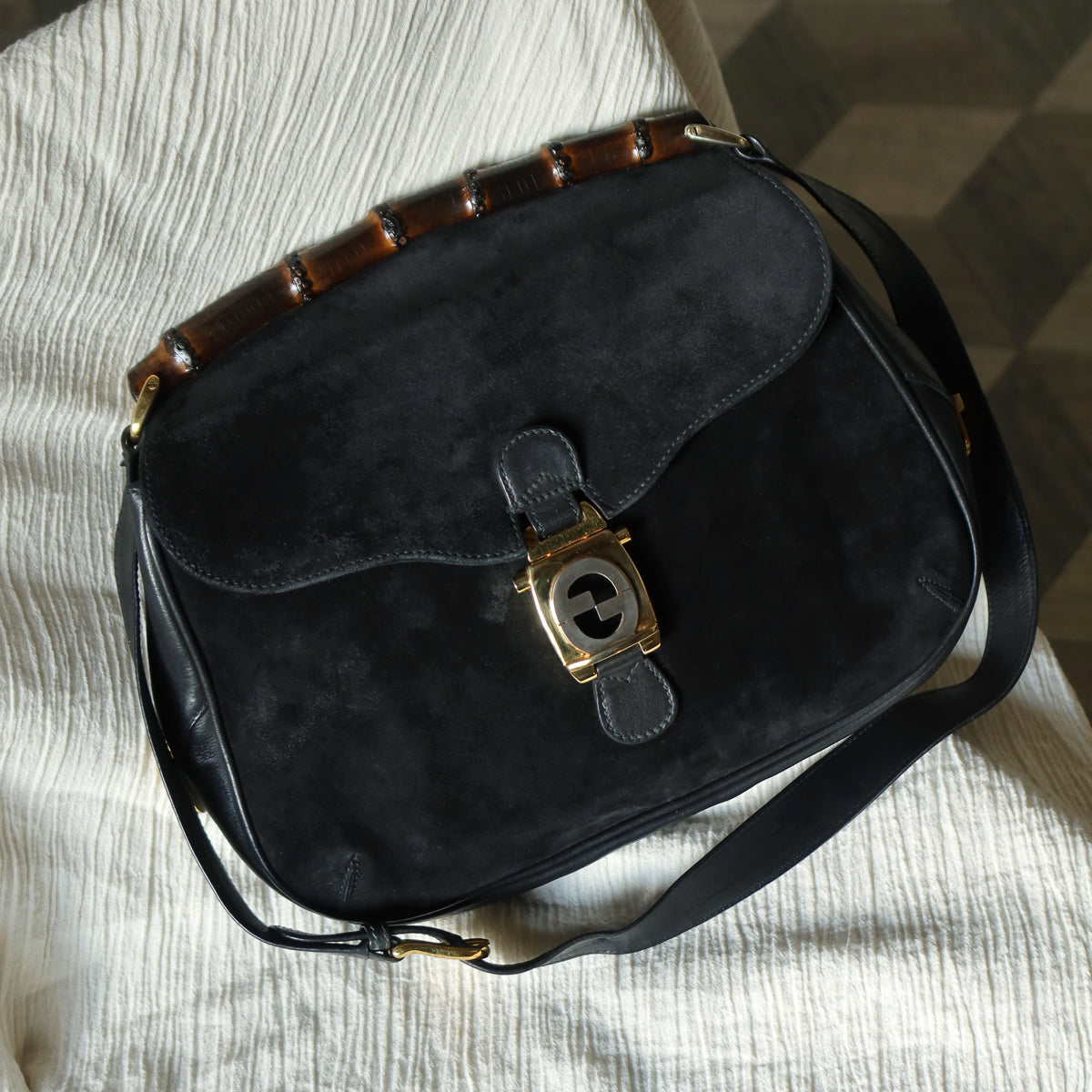 Gucci Vintage Black Suede Leather Bamboo Handle Gold Buckle Shoulder Flap Bag