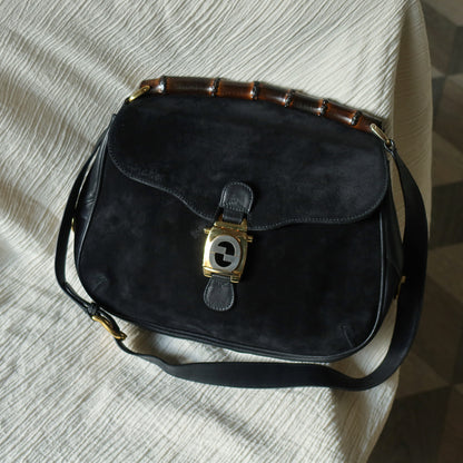 Gucci Vintage Black Suede Leather Bamboo Handle Gold Buckle Shoulder Flap Bag