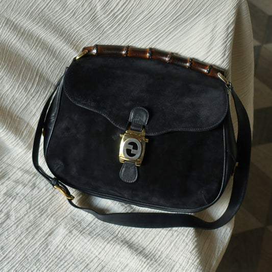 Gucci Vintage Black Suede Leather Bamboo Handle Gold Buckle Shoulder Flap Bag