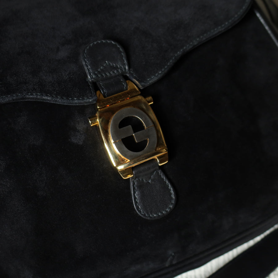 Gucci Vintage Black Suede Leather Bamboo Handle Gold Buckle Shoulder Flap Bag