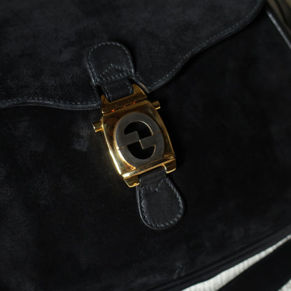 Gucci Vintage Black Suede Leather Bamboo Handle Gold Buckle Shoulder Flap Bag