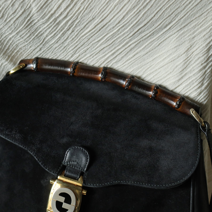 Gucci Vintage Black Suede Leather Bamboo Handle Gold Buckle Shoulder Flap Bag
