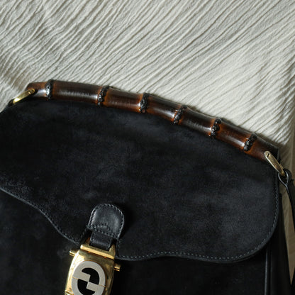 Gucci Vintage Black Suede Leather Bamboo Handle Gold Buckle Shoulder Flap Bag
