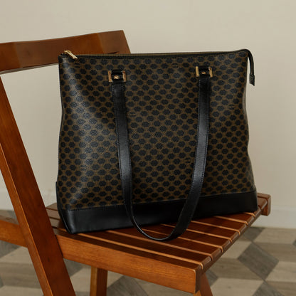 Celine Vintage Black Brown Macadam Triomphe Large Shoulder Bag