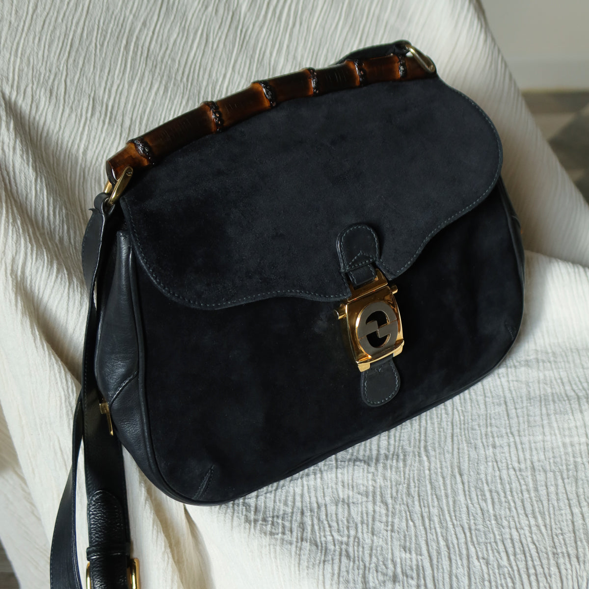 Gucci Vintage Black Suede Leather Bamboo Handle Gold Buckle Shoulder Flap Bag
