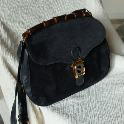 Gucci Vintage Black Suede Leather Bamboo Handle Gold Buckle Shoulder Flap Bag