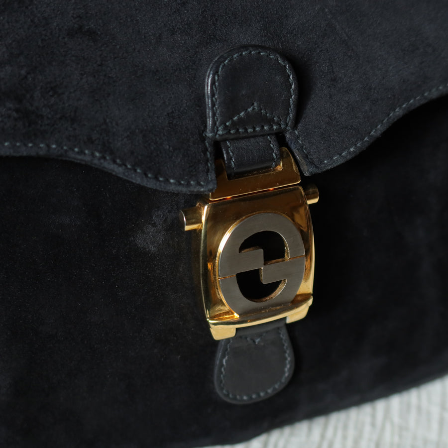 Gucci Vintage Black Suede Leather Bamboo Handle Gold Buckle Shoulder Flap Bag