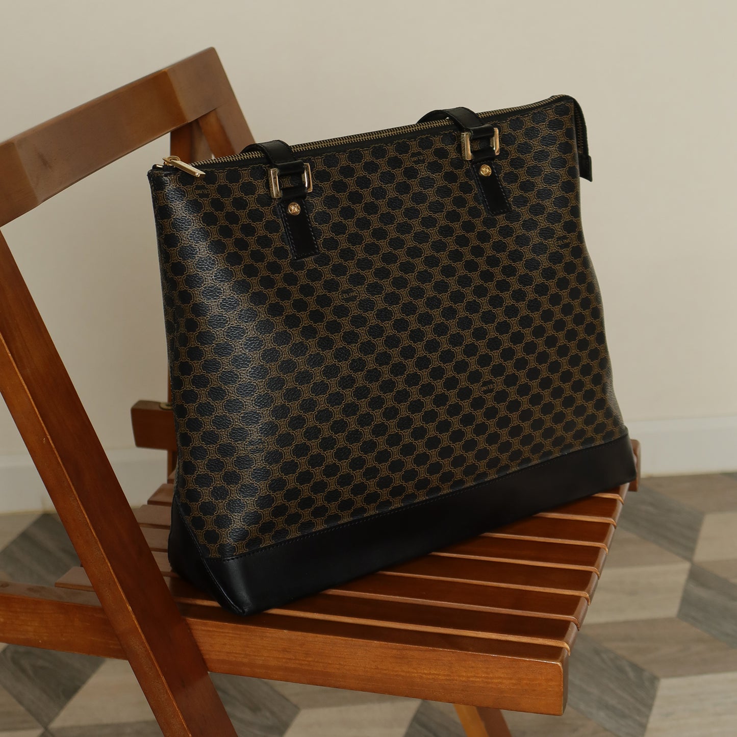 Celine Vintage Black Brown Macadam Triomphe Large Shoulder Bag