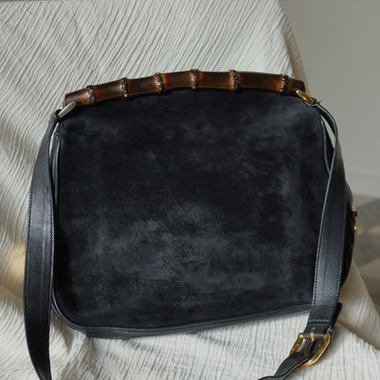 Gucci Vintage Black Suede Leather Bamboo Handle Gold Buckle Shoulder Flap Bag