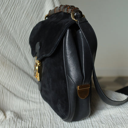 Gucci Vintage Black Suede Leather Bamboo Handle Gold Buckle Shoulder Flap Bag