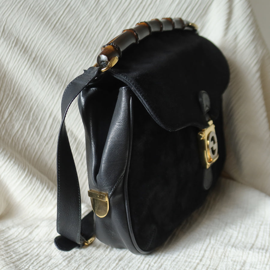 Gucci Vintage Black Suede Leather Bamboo Handle Gold Buckle Shoulder Flap Bag