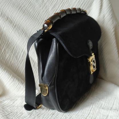 Gucci Vintage Black Suede Leather Bamboo Handle Gold Buckle Shoulder Flap Bag