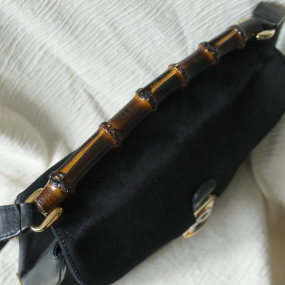 Gucci Vintage Black Suede Leather Bamboo Handle Gold Buckle Shoulder Flap Bag