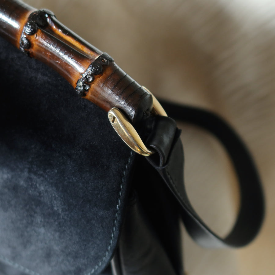 Gucci Vintage Black Suede Leather Bamboo Handle Gold Buckle Shoulder Flap Bag