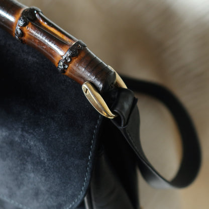 Gucci Vintage Black Suede Leather Bamboo Handle Gold Buckle Shoulder Flap Bag