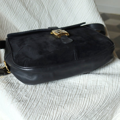 Gucci Vintage Black Suede Leather Bamboo Handle Gold Buckle Shoulder Flap Bag