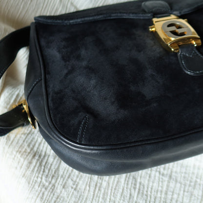 Gucci Vintage Black Suede Leather Bamboo Handle Gold Buckle Shoulder Flap Bag