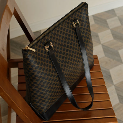 Celine Vintage Black Brown Macadam Triomphe Large Shoulder Bag