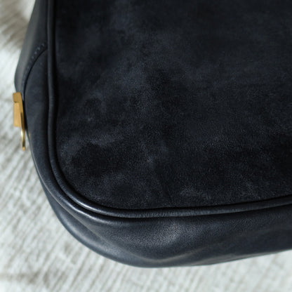 Gucci Vintage Black Suede Leather Bamboo Handle Gold Buckle Shoulder Flap Bag