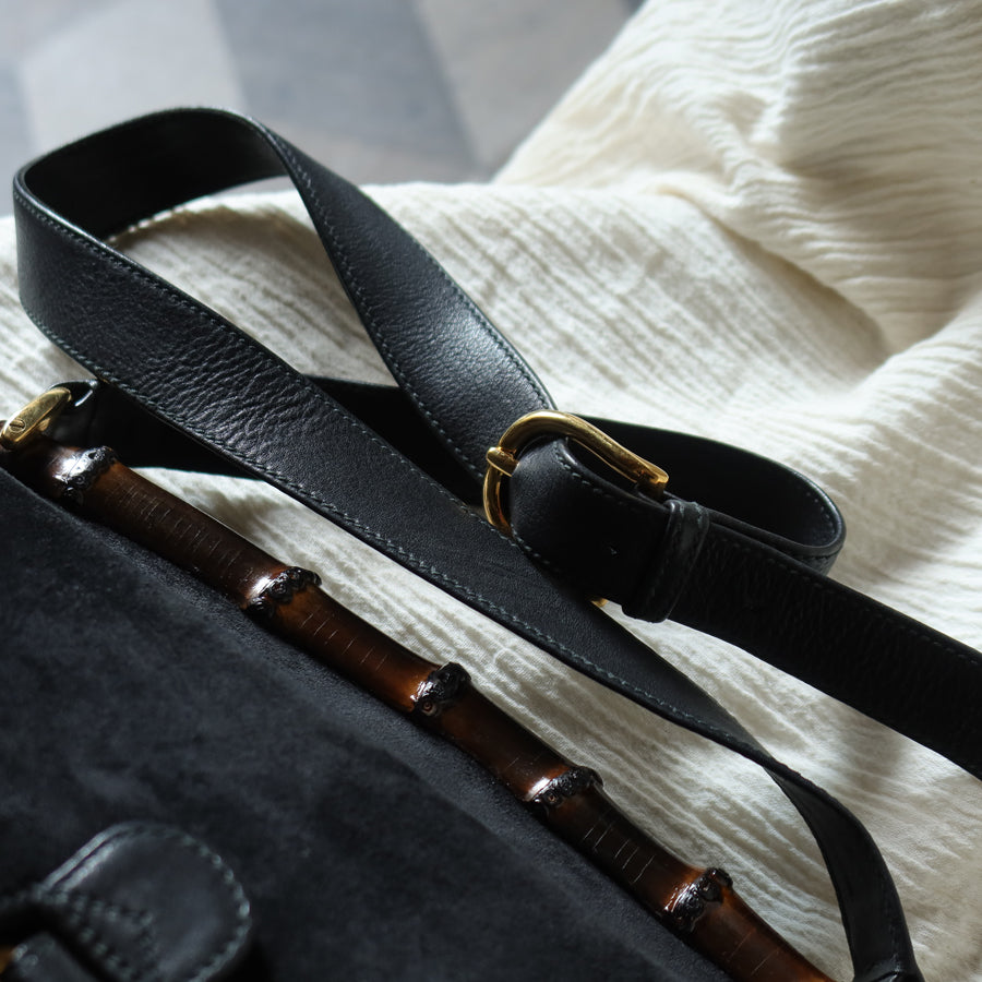 Gucci Vintage Black Suede Leather Bamboo Handle Gold Buckle Shoulder Flap Bag