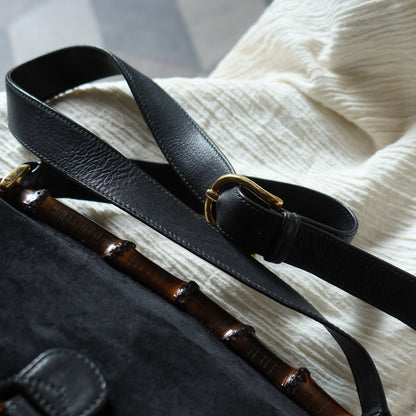 Gucci Vintage Black Suede Leather Bamboo Handle Gold Buckle Shoulder Flap Bag