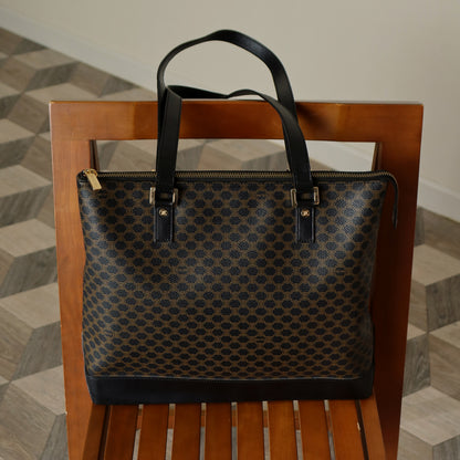 Celine Vintage Black Brown Macadam Triomphe Large Shoulder Bag