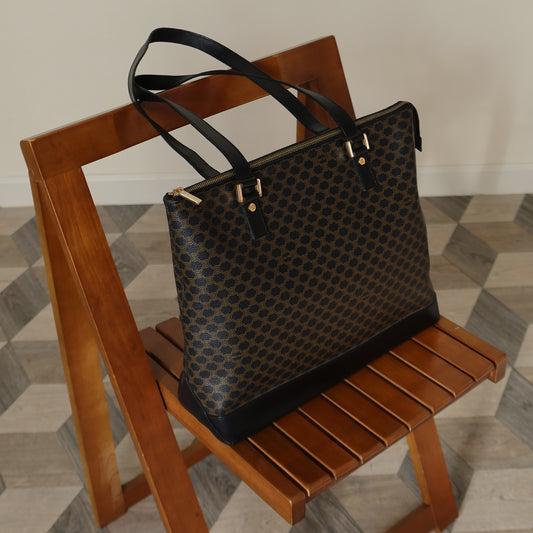 Celine Vintage Black Brown Macadam Triomphe Large Shoulder Bag