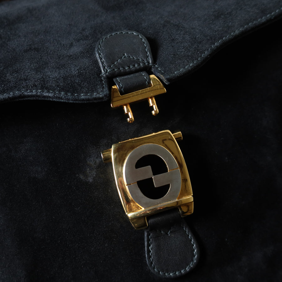 Gucci Vintage Black Suede Leather Bamboo Handle Gold Buckle Shoulder Flap Bag