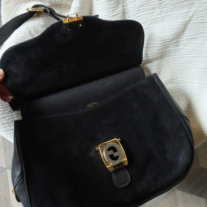 Gucci Vintage Black Suede Leather Bamboo Handle Gold Buckle Shoulder Flap Bag