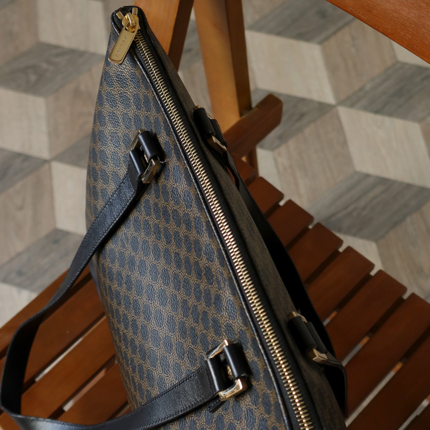 Celine Vintage Black Brown Macadam Triomphe Large Shoulder Bag