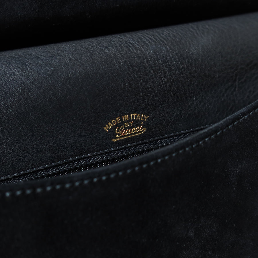 Gucci Vintage Black Suede Leather Bamboo Handle Gold Buckle Shoulder Flap Bag