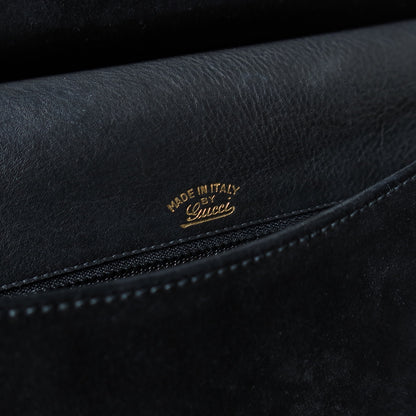 Gucci Vintage Black Suede Leather Bamboo Handle Gold Buckle Shoulder Flap Bag