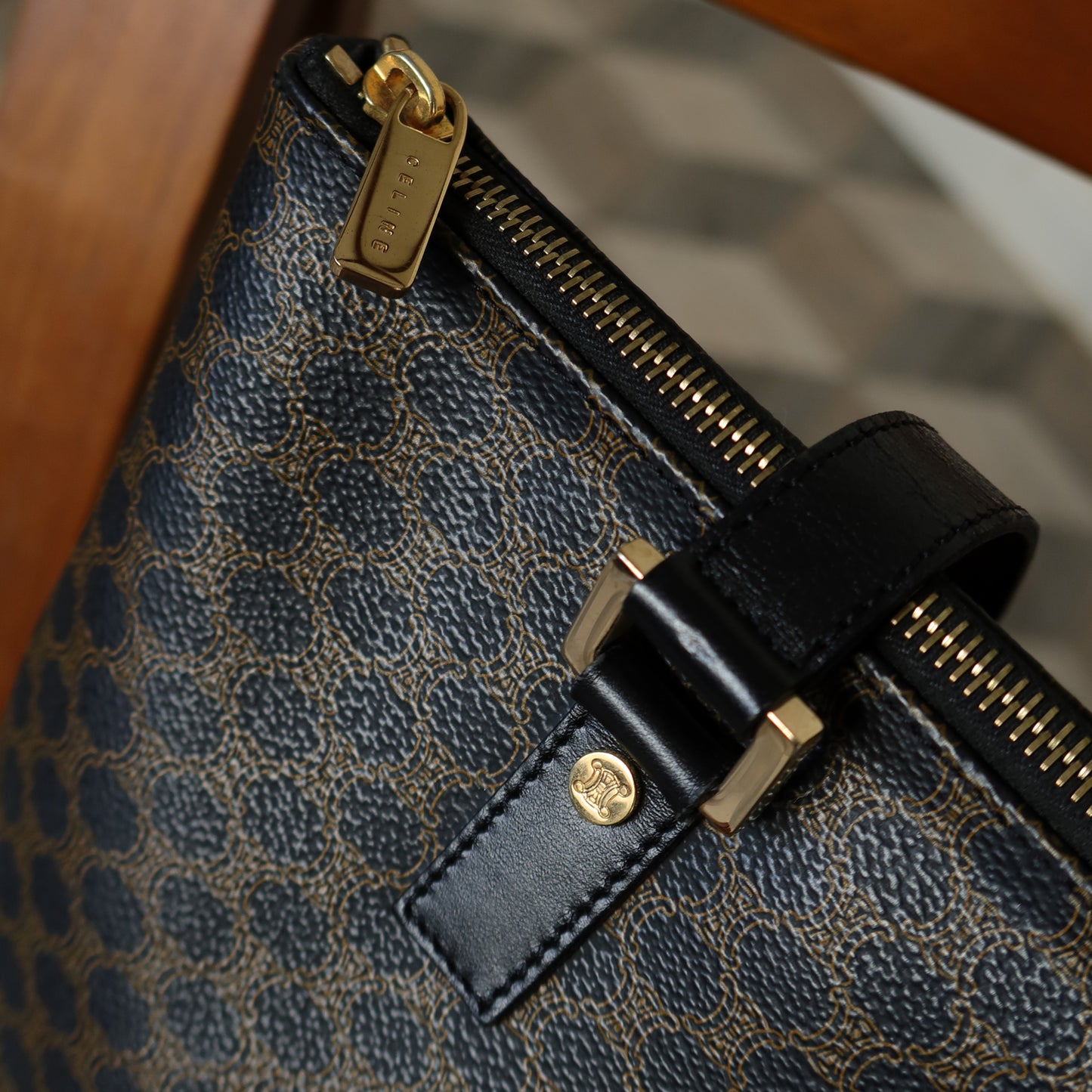 Celine Vintage Black Brown Macadam Triomphe Large Shoulder Bag