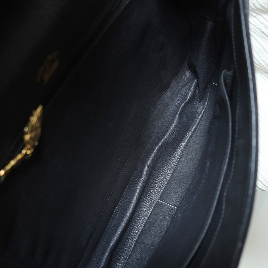 Gucci Vintage Black Suede Leather Bamboo Handle Gold Buckle Shoulder Flap Bag