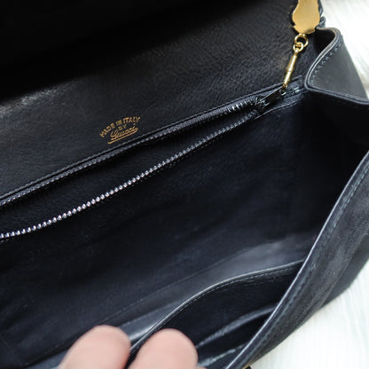 Gucci Vintage Black Suede Leather Bamboo Handle Gold Buckle Shoulder Flap Bag