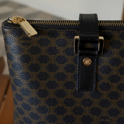 Celine Vintage Black Brown Macadam Triomphe Large Shoulder Bag