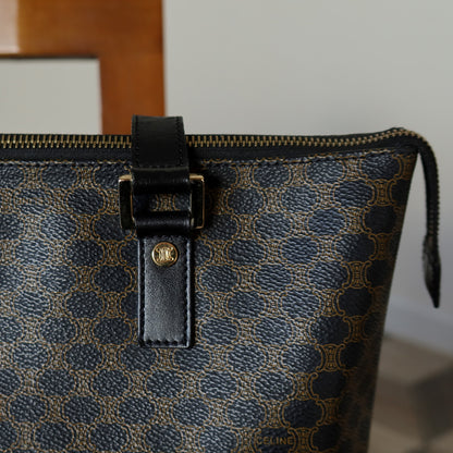 Celine Vintage Black Brown Macadam Triomphe Large Shoulder Bag