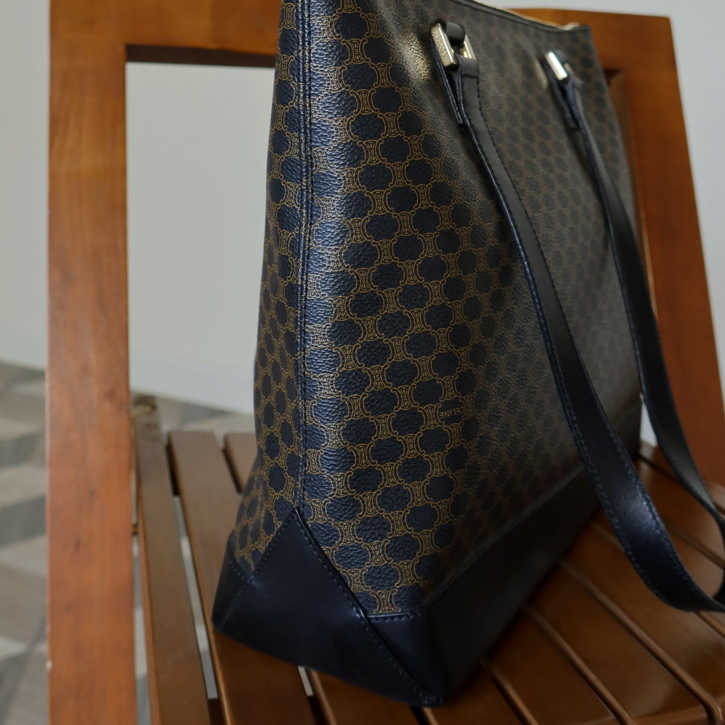 Celine Vintage Black Brown Macadam Triomphe Large Shoulder Bag