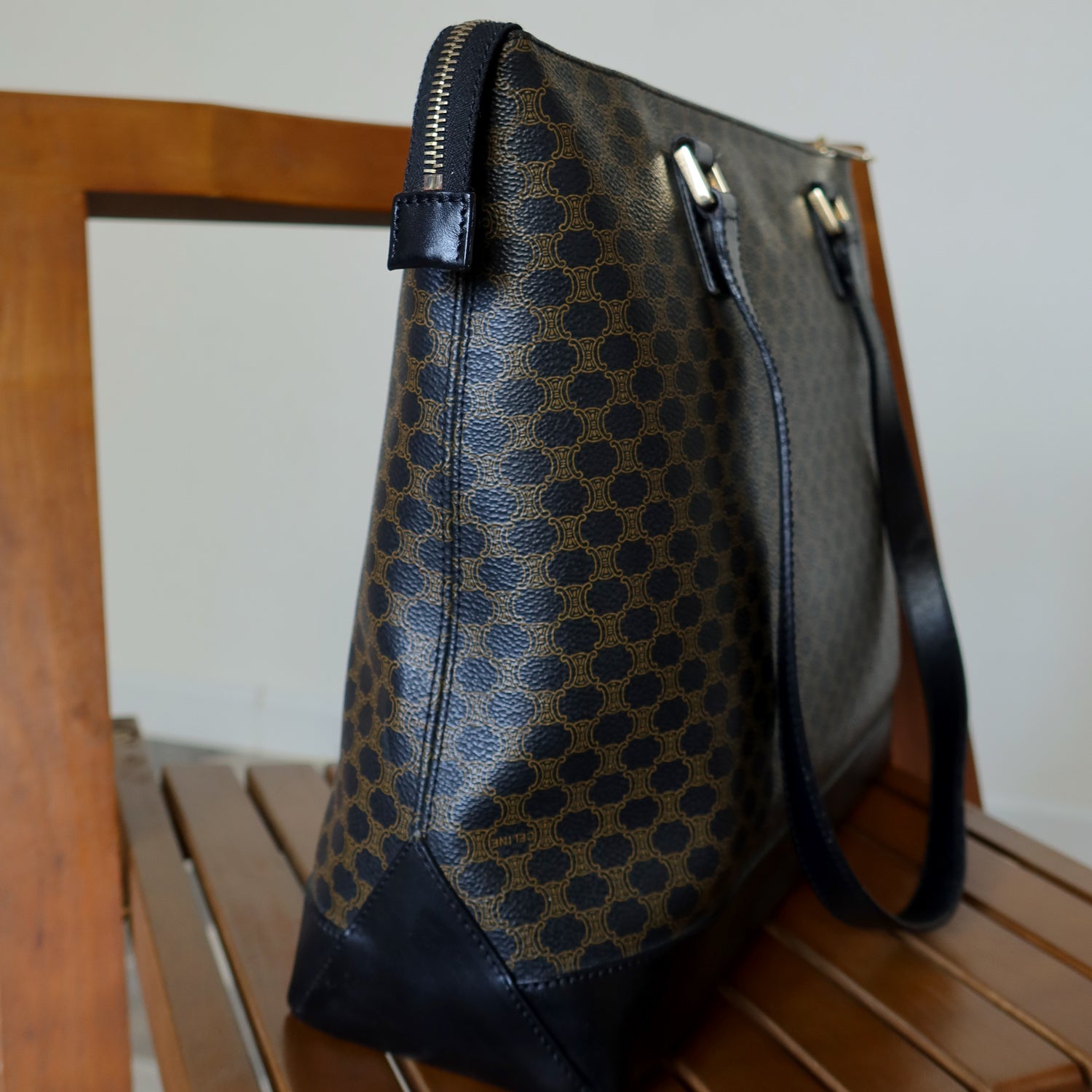 Celine Vintage Black Brown Macadam Triomphe Large Shoulder Bag