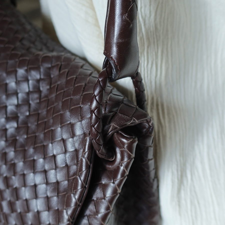 Bottega Veneta Vintage Dark Brown Intrecciato Ring Hobo Shoulder Flap Bag